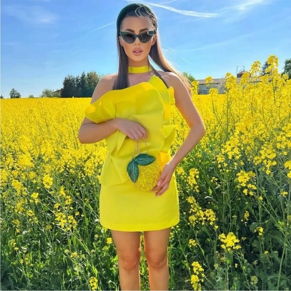 Zara Limited Edition Yellow Voluminous Mini Dress Exaggerated Ruffle Size M NWT - Picture 13 of 16